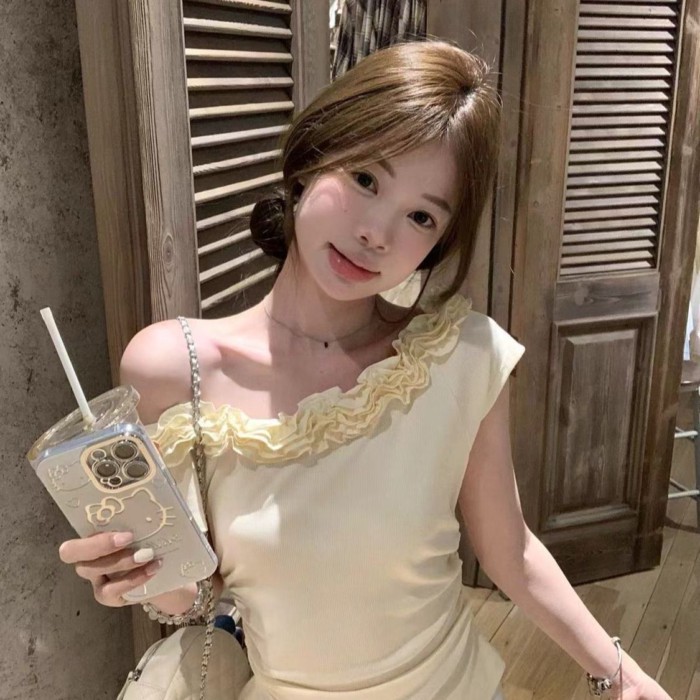 Áo thun ngắn tay lệch vai màu vàng phong cách Hàn Quốc dành cho nữ mùa hè, áo trễ vai lệch va