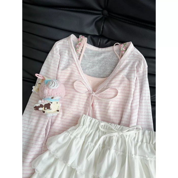 Nguyên chất ham muốn hot girl sọc cardigan chống nắng áo nữ mùa hè xếp lớp màu hồng hoa ngọt