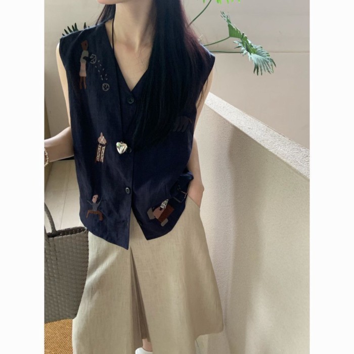 Vải lanh dáng rộng thêu mùa hè mới phong cách cổ điển áo vest vải lanh và cotton dành cho nữ