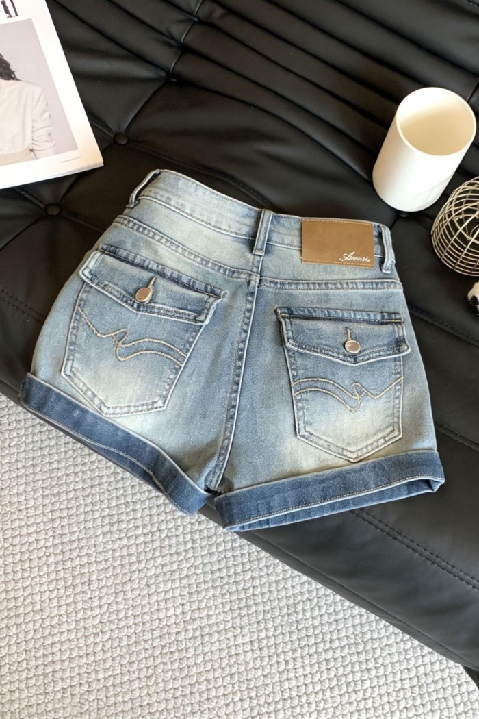 Quần short denim rách và rách phong cách Mỹ retro dành cho nữ mùa hè lưng cao và hông, phiên bản