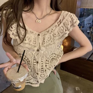 Áo len trễ vai Hallyu hoa rỗng thường ngày rỗng cao cấp đa năng thoáng khí mùa hè