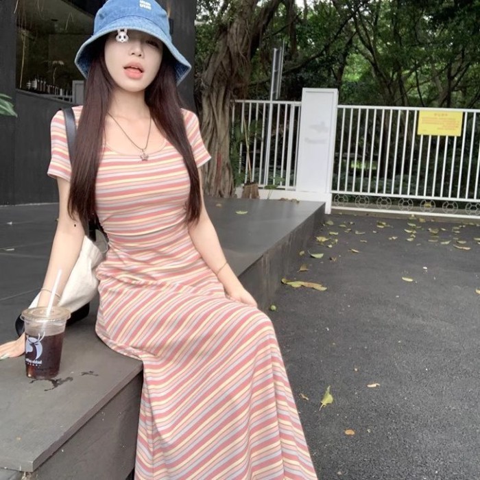 Long Slim Summer Sweet Age-reducing Rainbow Skirt Slim And Slim Temperament Striped Color Dre