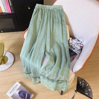 Quần ống rộng thêu cotton và lanh dành cho nữ, quần ống rộng dáng rộng mùa hè mới, quần ôm lư