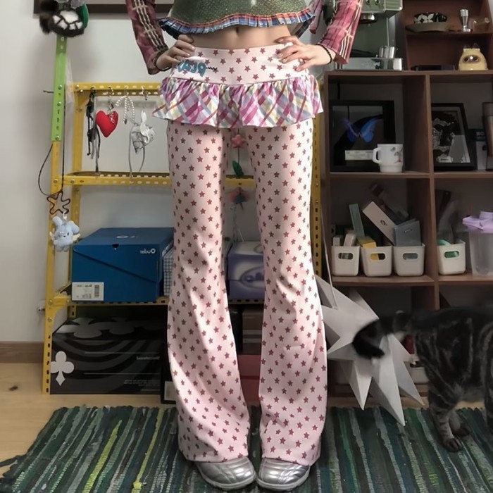 Phong cách đại học ngôi sao kẻ sọc mông rèm giả hai mảnh bootcut quần nữ mùa xuân hè mỏng hot