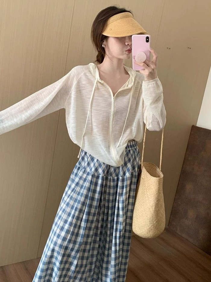 Áo khoác chống nắng mỏng có mũ trùm đầu bằng lụa băng phong cách Hàn Quốc dành cho nữ áo khoá