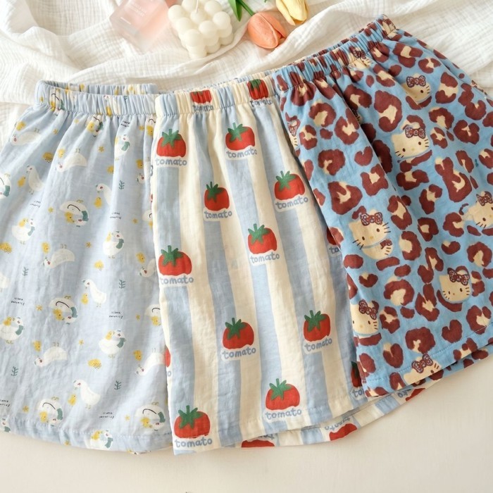 Dopamine Pyjama Quần Mùa Hè Nữ Cloud Cotton Da Báo Quần Short Áo Khoác Ngoài Sọc Quần Đi Bộ Nhà Q
