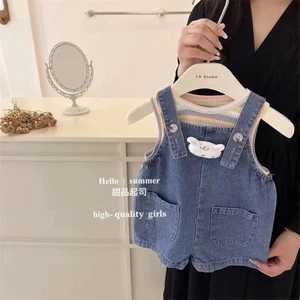 Mùa Hè Unisex Sọc Dệt Kim Áo Vest Thỏ Yếm Denim Quần Short 2 Bộ Quần Áo Trẻ Em Mỏng