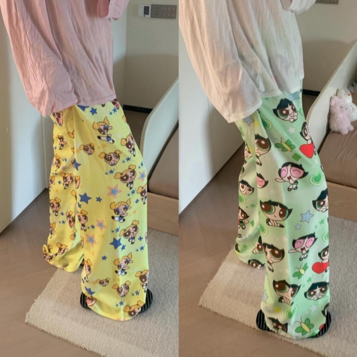 Powerpuff Girls Pyjama Quần Nữ Mùa Hè Bong Bóng Nhăn Rời Đi Bộ Áo Khoác Ngoài Hoạt Hình Dễ Thươn