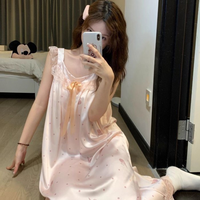 Mùa Hè Phong Cách Công Chúa Ren Chấm Bi Treo Váy Ngủ Cho Phụ Nữ Có Miếng Đệm Ngực Mùa Hè Mới