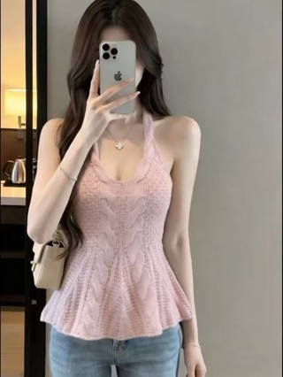 Áo yếm dệt kim cổ chữ V khí chất cổ chữ V cho nữ mùa xuân hè kiểu mới áo không tay thắt lưng