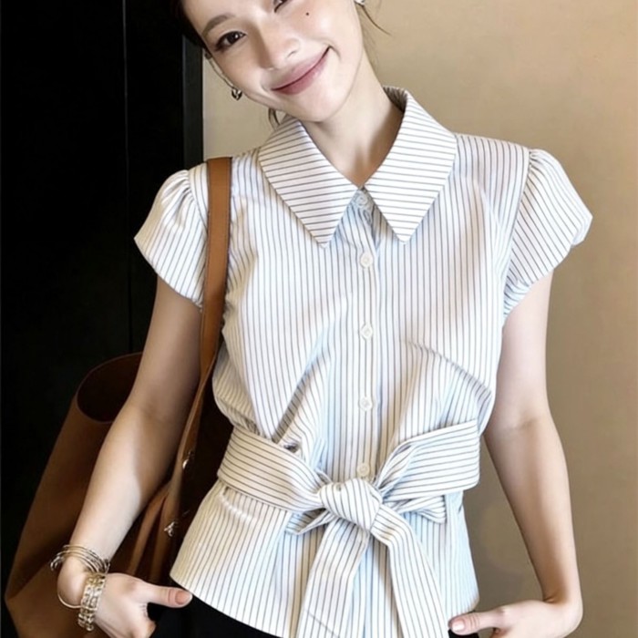 Pure Desire Sweet Cay Ve Áo Sơ Mi Sọc Tay Ngắn Thắt Eo Giảm Béo Và Áo Ngắn Đa Năng