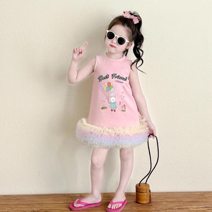 Korean Style Girl Colorful Yarn Splicing Princess Dress Summer Sweet And Fashionable Baby Gir