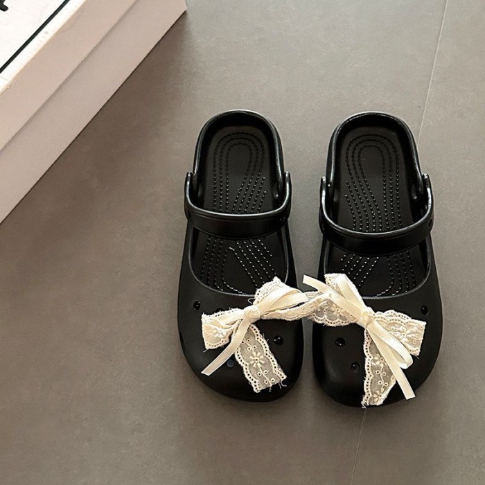Giày ren nơ lỗ phong cách dễ thương dành cho nữ, dép xỏ ngón đế dày chống trượt cho nữ