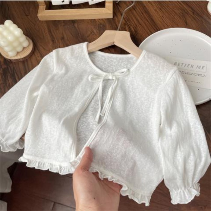 Baby Summer Girl Bamboo Cotton Edge Bow Tie Thin Shawl Small Coat Air-conditioning Shirt Sun