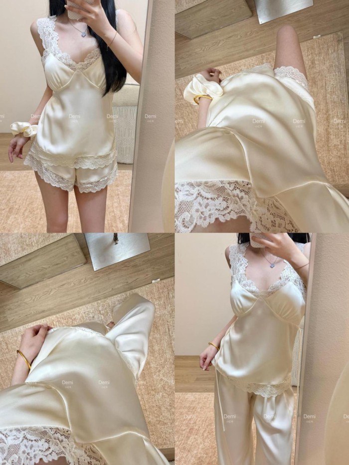 bộ đồ ngủ satin lụa băng cho nữ mùa xuân hè, quần lửng cao cấp, mỏng, gợi cảm, đồ mặc nhà, áo kh