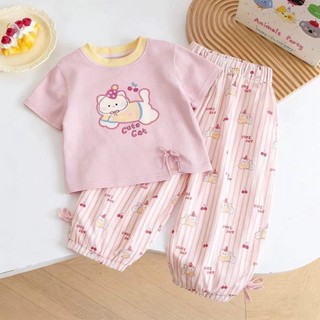 bộ đồ mới mùa hè mèo mềm mại dễ thương Áo thun in hình + đèn lồng anh đào kẻ sọc quần chống muỗi