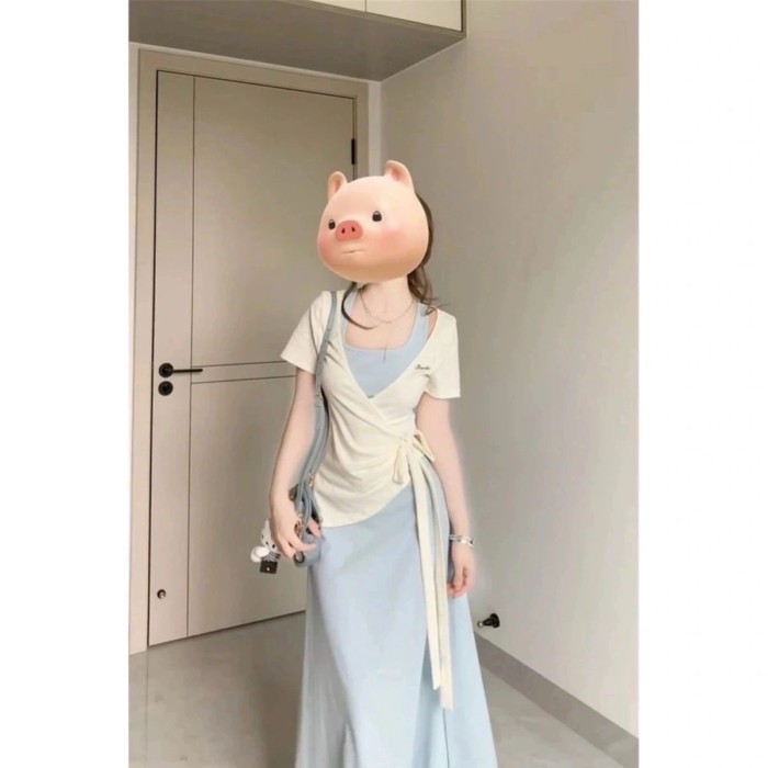 Đầm hai dây dành cho nữ mùa hè phong cách mới váy dài eo giảm béo dây đeo chéo thêu hàng đầu