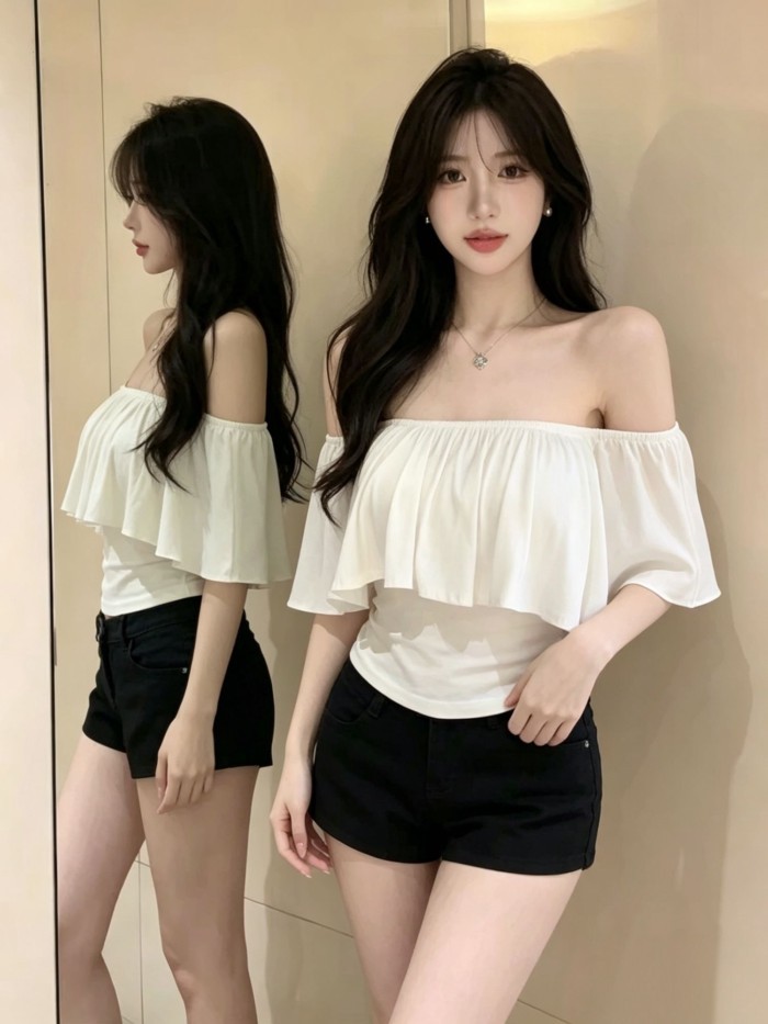 lá sen một chữ dịu dàng siêu cổ tích tay ngắn mùa hè thuần khiết dục vọng hot girl áo trễ vai gợ