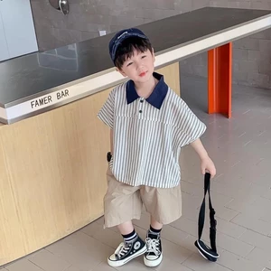 Áo sơ mi bé trai cho bé trai lớn phong cách Anh quốc mới sọc nửa tay áo dáng rộng phong cách mùa