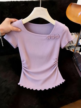 Áo thun ngắn tay cổ nghiêng Dopamine màu tím nữ mùa hè thời trang ngọt ngào siêu đẹp