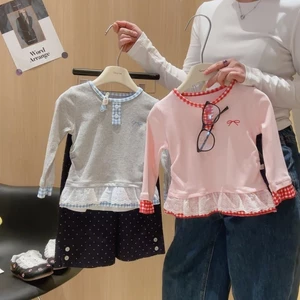 mùa xuân mới bé gái cotton nguyên chất phối ren áo sơ mi dài tay có đáy ngọt ngào và đa năng dàn