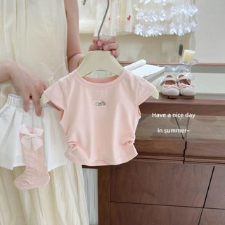 Bé gái mùa hè bé mùa hè màu hồng dễ thương Áo thun ngắn tay kt váy xếp li phong cách trẻ em