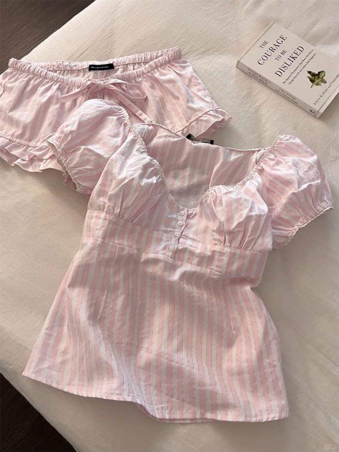 Bộ đồ ngủ cotton Yunduo dành cho nữ, quần đùi ngắn tay sọc hồng ngọt ngào, trang phục ở nhà rộng