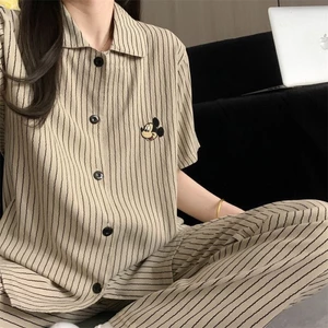 bộ đồ ngủ Mickey sọc cao cấp dành cho nữ cotton ngắn tay mùa hè đơn giản Đồ mặc nhà Maillard