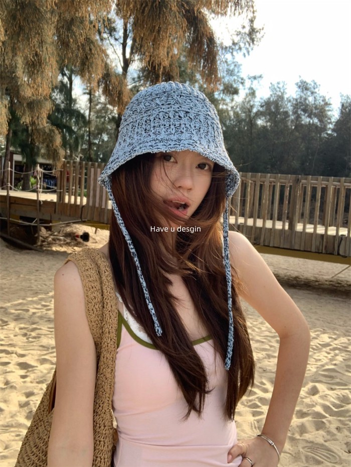 Have u desgin Pháp Dệt Kim Rỗng Ren-Up Mũ Xô Nữ Mùa Hè Mỏng Phong Cách Mặt Nhỏ Thể Hiện Bầu Không Khí Lưu Vực Mũ Du Lịch Đi Biển Mũ