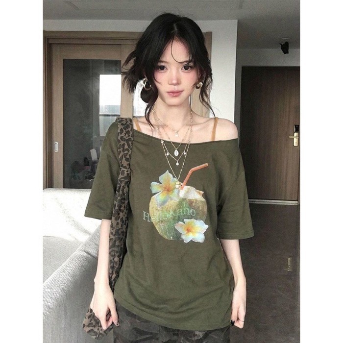 American Retro Sloped Shoulder Short-sleeved T-shirt For Women Summer Coconut Print Green Off-