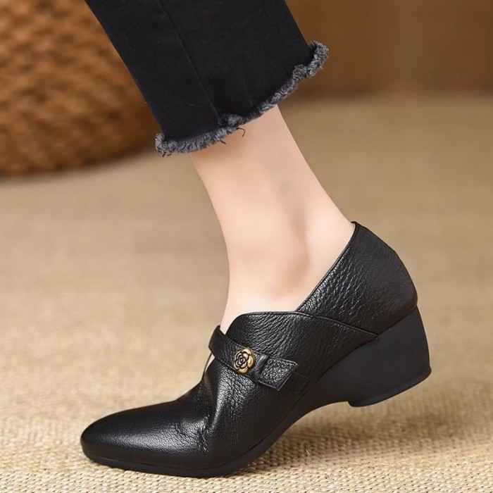 Giày Mary Jane Nữ Mũi Nhọn Mềm Mại Thoải Mái Đế Nêm Giày Đơn Gót Trung Bình Nhỏ Giày Da Giày Slip-o