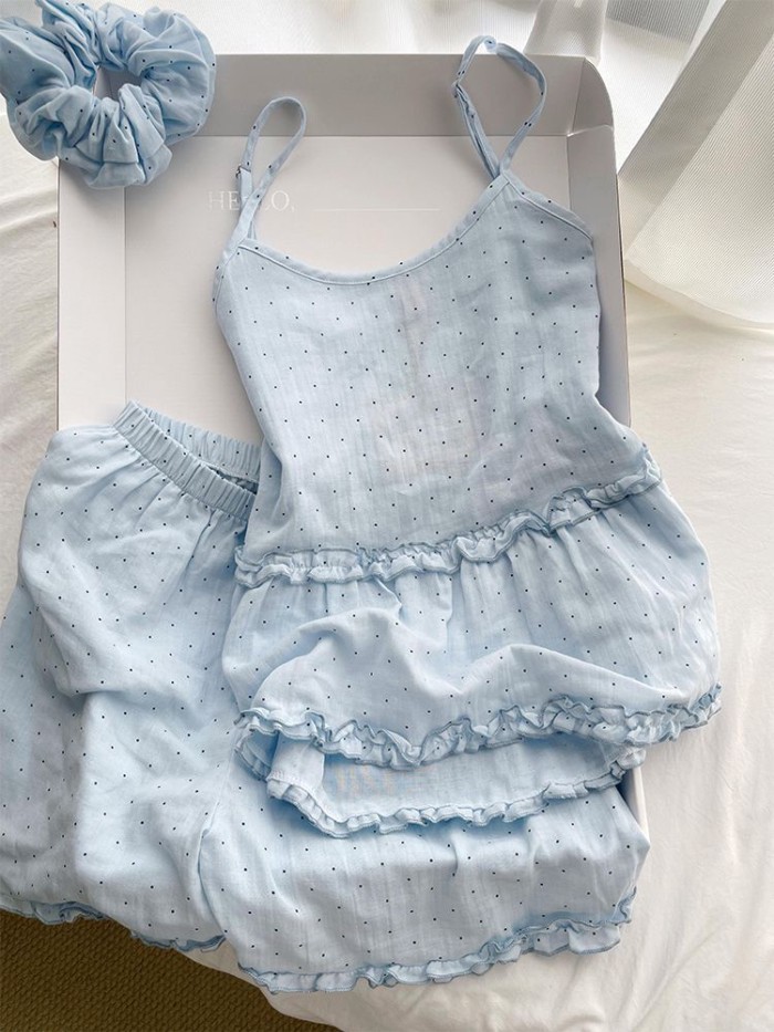 Bộ đồ ngủ có dây đeo in họa tiết chấm bi màu xanh ngọt ngào phong cách Hàn Quốc dành cho nữ m