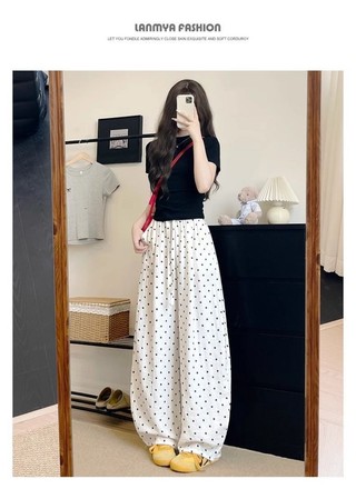 Korean Style Polka-dot Ice Silk Wide-leg Pants For Women Summer New High-waist Slimming Lazy