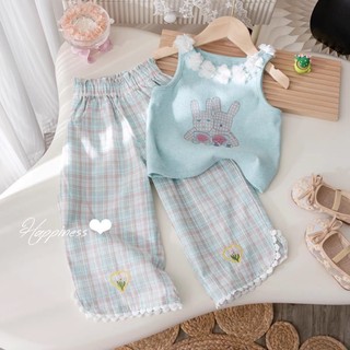Bộ Đồ Mùa Hè Bé Gái Quần Chín Điểm Phong Cách Phương Tây Kẻ Sọc Mục Vụ Ren Thêu Quần Âu Bé Gái Quần