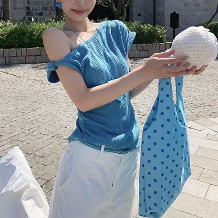 Dopamine Lake Blue Slanted Shoulder Short Sleeve T-Shirt Women's Summer Korean Style Loose Sl