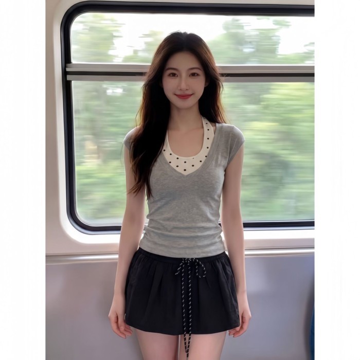 Kỳ nghỉ hè áo thun hai dây chấm bi cổ yếm ngắn tay giảm béo eo đa năng dành cho nữ