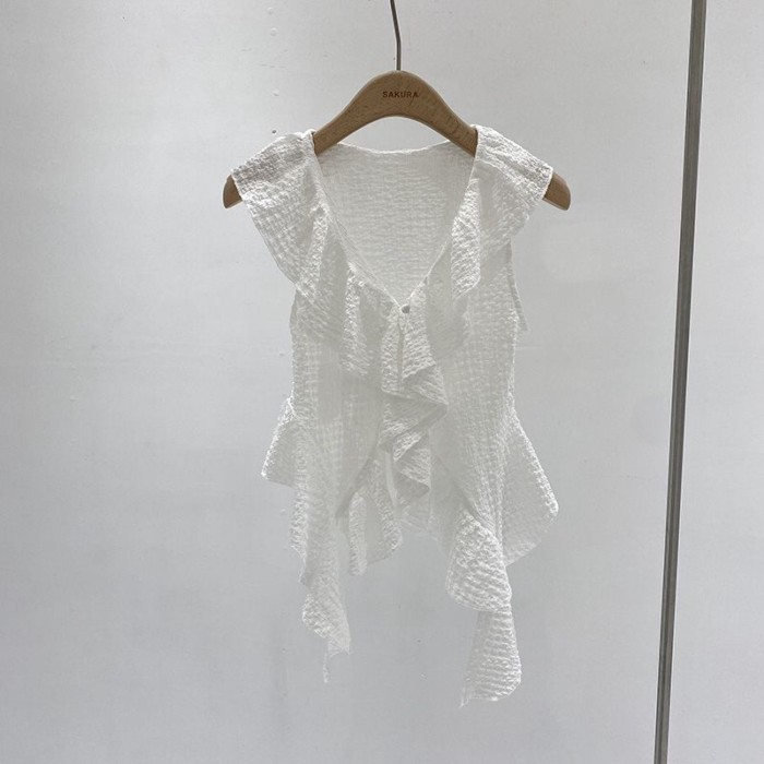 Áo len mỏng không tay không đều diềm xếp nếp mùa hè màu hồng mới áo vest cô gái ngọt ngào kiể
