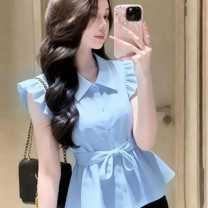 Phong cách Pháp thiết kế xếp ly kiểu Pháp Áo sơ mi không tay mỏng dành cho nữ mùa xuân hè dán