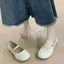 Trắng Bao Đầu Giày Sandal Nữ Mùa Hè Dây Phẳng Mary Jane Nhỏ Giày Da Miệng Dẹt Đậu Giày Gót Thấp