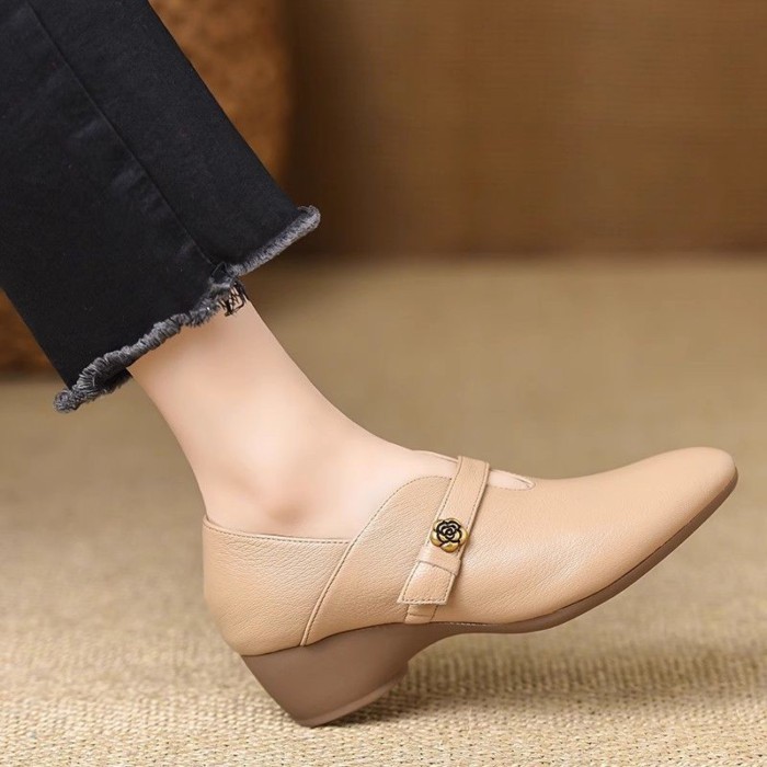 Giày Mary Jane Nữ Mũi Nhọn Mềm Mại Thoải Mái Đế Nêm Giày Đơn Gót Trung Bình Nhỏ Giày Da Giày Slip-o