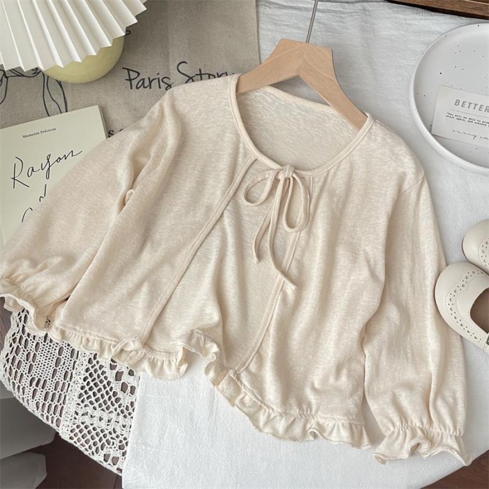 Baby Summer Girl Bamboo Cotton Edge Bow Tie Thin Shawl Small Coat Air-conditioning Shirt Sun