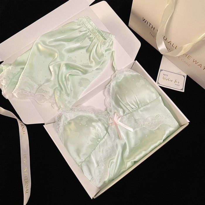 Phiên bản Hàn Quốc của mèo kitty băng lụa Bộ đồ ngủ nữ Sky treo quần short 2 bộ cao cấp mặc n