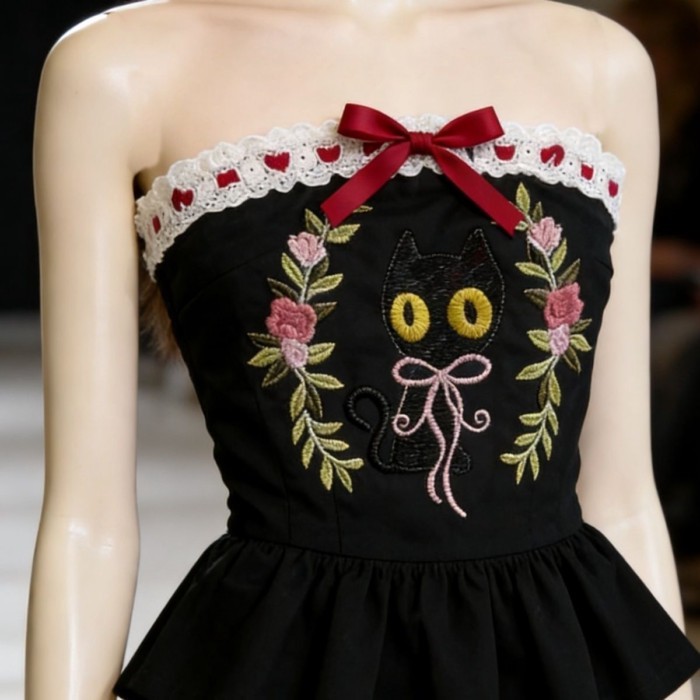 Phong Cách Retro Hoa In Hình Mèo Xếp Ly Ren Lãng Mạn Áo Vest Top Đen Vintage Treo Dây