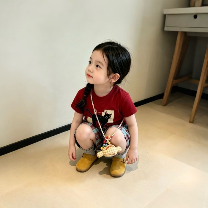 Bé Gái Phù Hợp Với Mùa Hè Mới Trẻ Em Ngọt Ngào Phong Cách Nữ Tính In Hình Áo Thun Tay Ngắn Kẻ Sọ