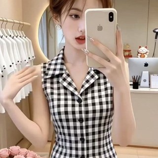 Áo sơ mi polo kẻ sọc phong cách retro mùa hè mới cao cấp đơn ngực bên ngoài mỏng không tay được