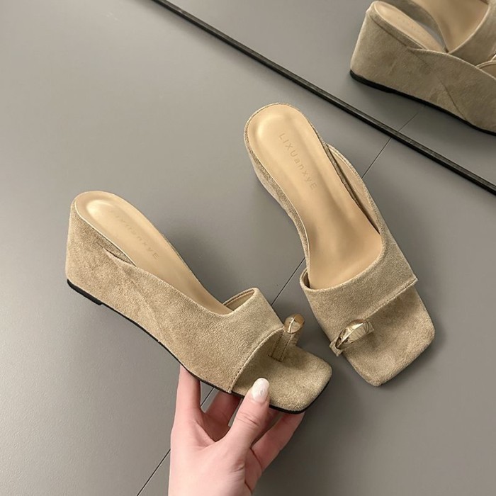 Giày sandal đế vuông mũi vuông đa năng phong cách retro dành cho nữ mang bên ngoài thông nửa dép