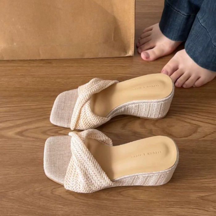 Giày sandal bện mũi vuông kiểu Pháp dành cho nữ, trang phục mặc ngoài mùa hè, váy phù hợp, dép x