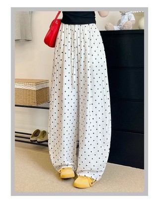 Korean Style Polka-dot Ice Silk Wide-leg Pants For Women Summer New High-waist Slimming Lazy