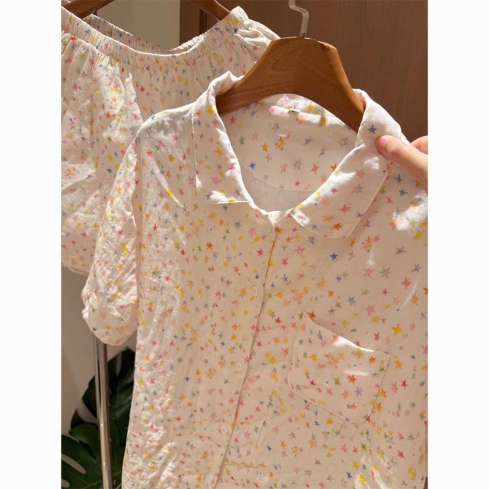 ngôi sao và đám mây đầy màu sắc ngọt ngào Bộ đồ ngủ bằng vải cotton cho nữ hoạt hình quần short