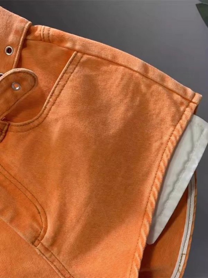 quần short denim dài phong cách mùa hè mới màu cam hot girl chân dài, lưng cao, túi rò rỉ đa năn